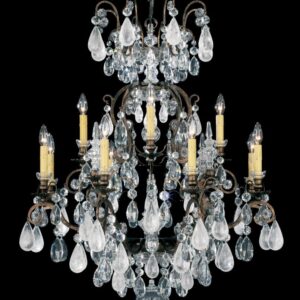 Renaissance Rock Crystal 13 Light 120V Chandelier in Antique Pewter with Amethyst & Black Diamond